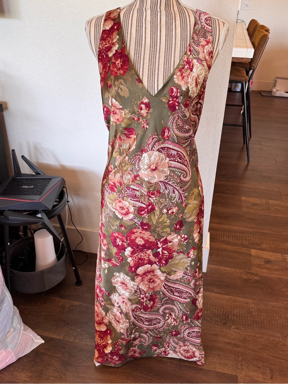 Lauren Ralph Lauren Olive Floral Midi Dress with Burgundy and Cream